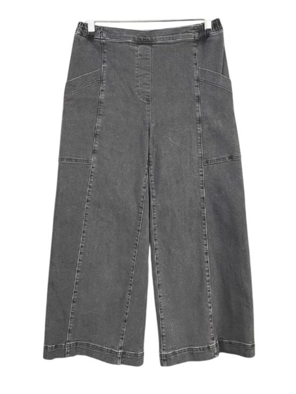 Lisa Bayne M Black Elastic Waistband Cropped Wide Leg Denim Cotton Jean Pants